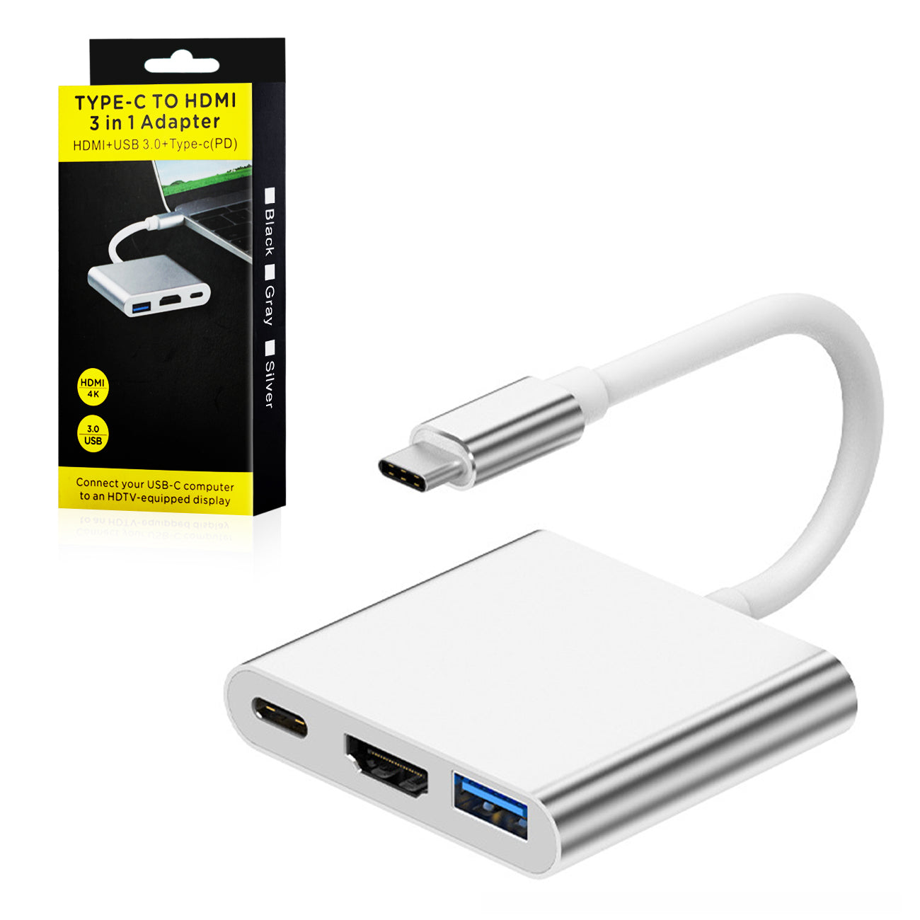 Type-C to HDMI 3 In 1 Adapter in Silver - Premium & Reliable | CELL DEMAND Official