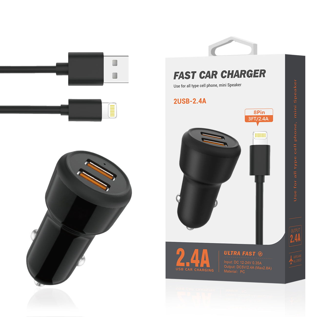 8 PIN Portable Car Charger With Built In 3 Ft Cable In Black - Durable & Reliable | CELL DEMAND Official