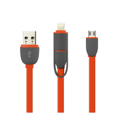 8PIN AND MICRO USB FLAT CABLE 3.2FT 2-IN-1 USB DATA IN CORAL RED - Heavy Duty & Reliable | CELL DEMAND Official