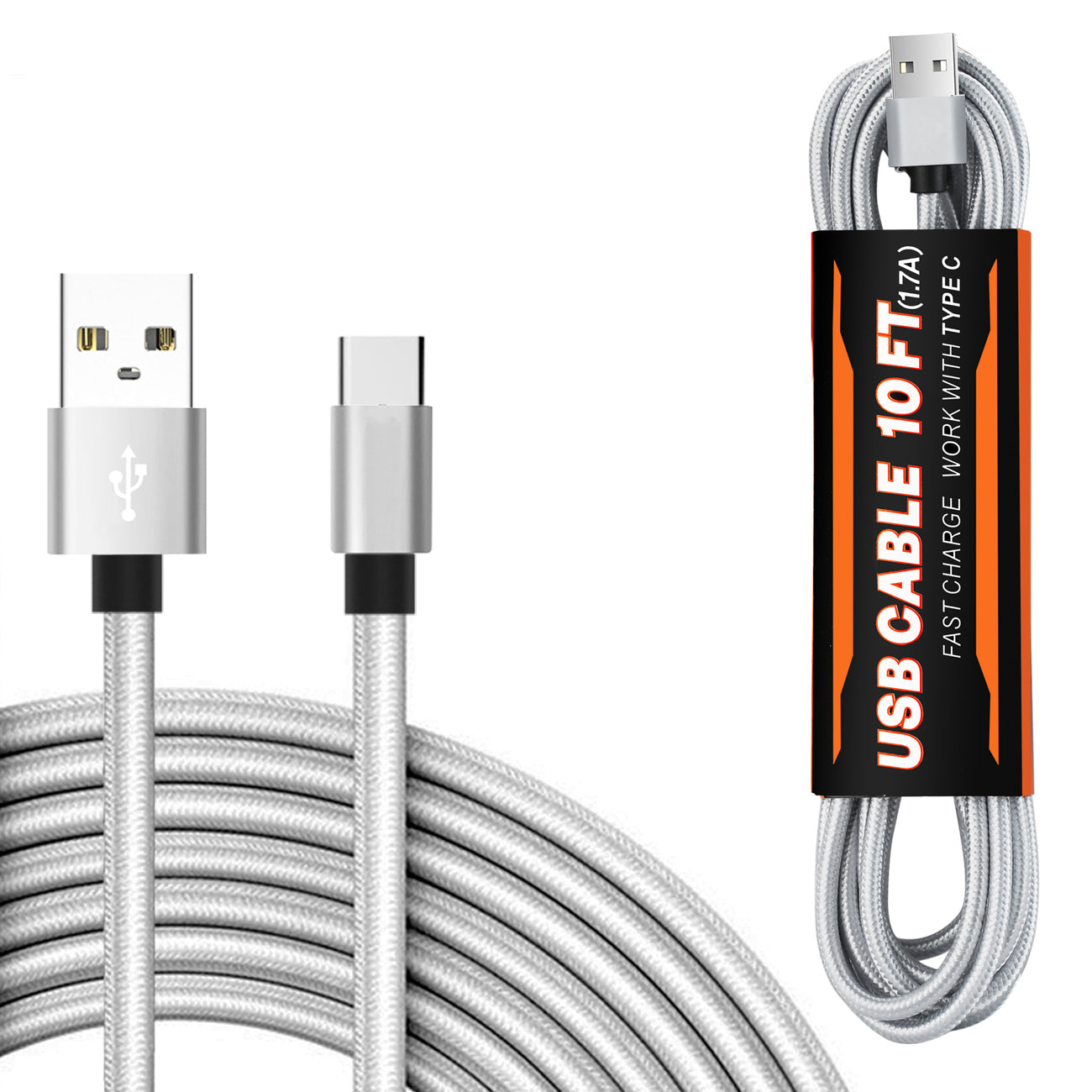 10FT USB Cable For TYPE-C In Silver - Durable & Reliable | CELL DEMAND Official