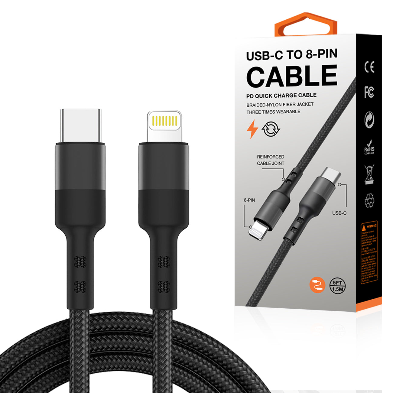 Power Delivery USB-C to 8-PIN Fast Charging & Sync Nylon-Braided 5FT Cable In Black - Crystal Clear & Reliable | CELL DEMAND Official