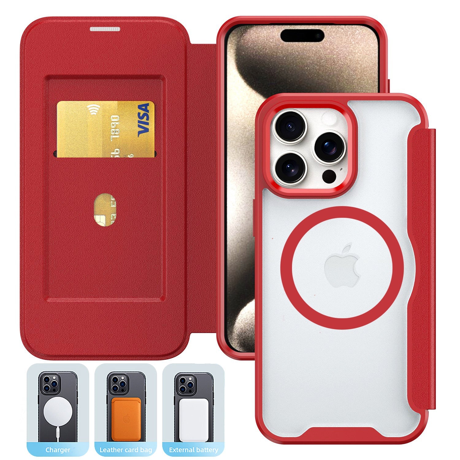 iPhone 16 Pro Compatible PU Leather Magnetic Flap Phone Case with Magsafe In Red For iPhone 16 Pro (FC37-IPH16PRORD) - Heavy Duty Protection by CELL DEMAND