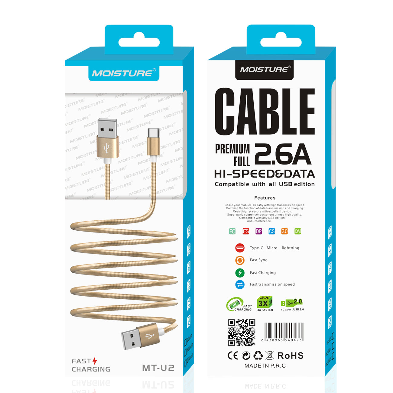 Moisture 2.6A Premium Full Hi-Speed USB A To USB Type C Data Cable In Gold - Crystal Clear & Reliable | CELL DEMAND Official