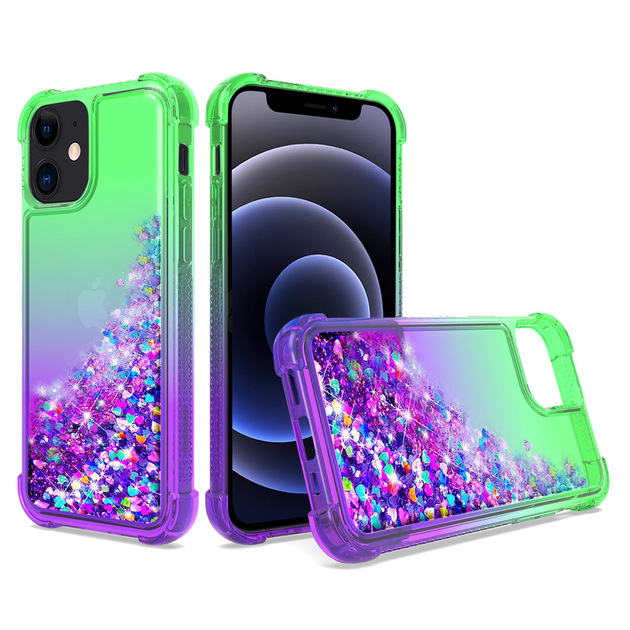 IPHONE 12 MINI Compatible Shiny Flowing Glitter Liquid Bumper Case For APPLE IPHONE 12 MINI In Green - Crystal Clear Protection by CELL DEMAND