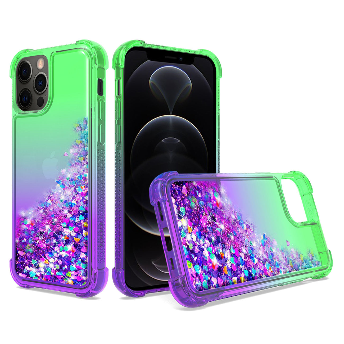 IPHONE 12 Compatible Shiny Flowing Glitter Liquid Bumper Case For APPLE IPHONE 12/IPHONE 12 PRO In Green - Ultra-Slim Protection by CELL DEMAND