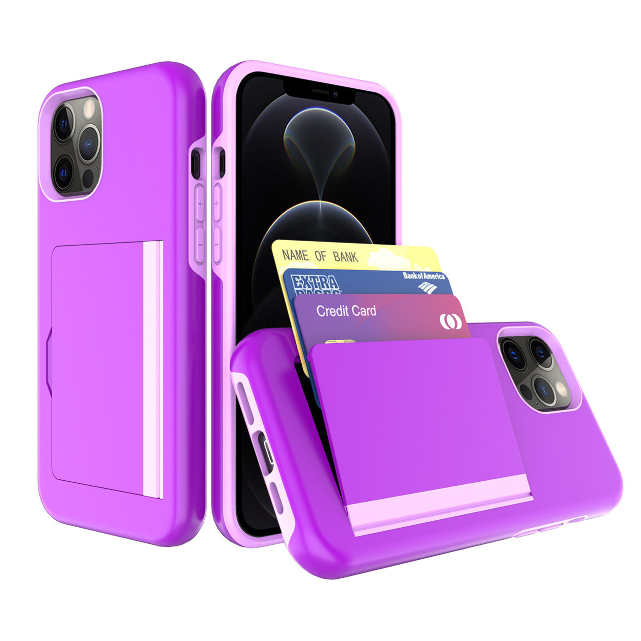 iPhone 12 Pro Compatible TPU PC Hybrid 2-in-1 Flip Card Holder Phone Case for Apple iPhone 12 Pro Max In Purple - Heavy Duty Protection by CELL DEMAND