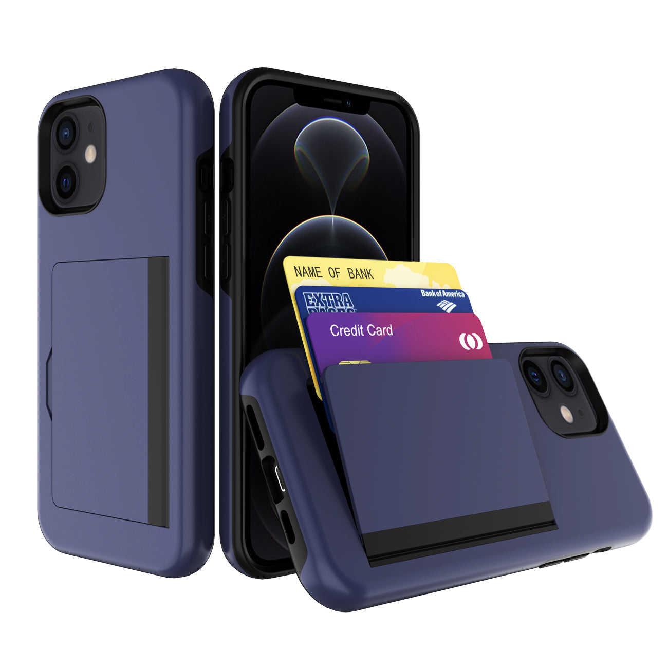 iPhone 12 Mini Compatible TPU PC Hybrid 2-in-1 Flip Card Holder Phone Case for Apple iPhone 12 Mini In Navy - Premium Protection by CELL DEMAND