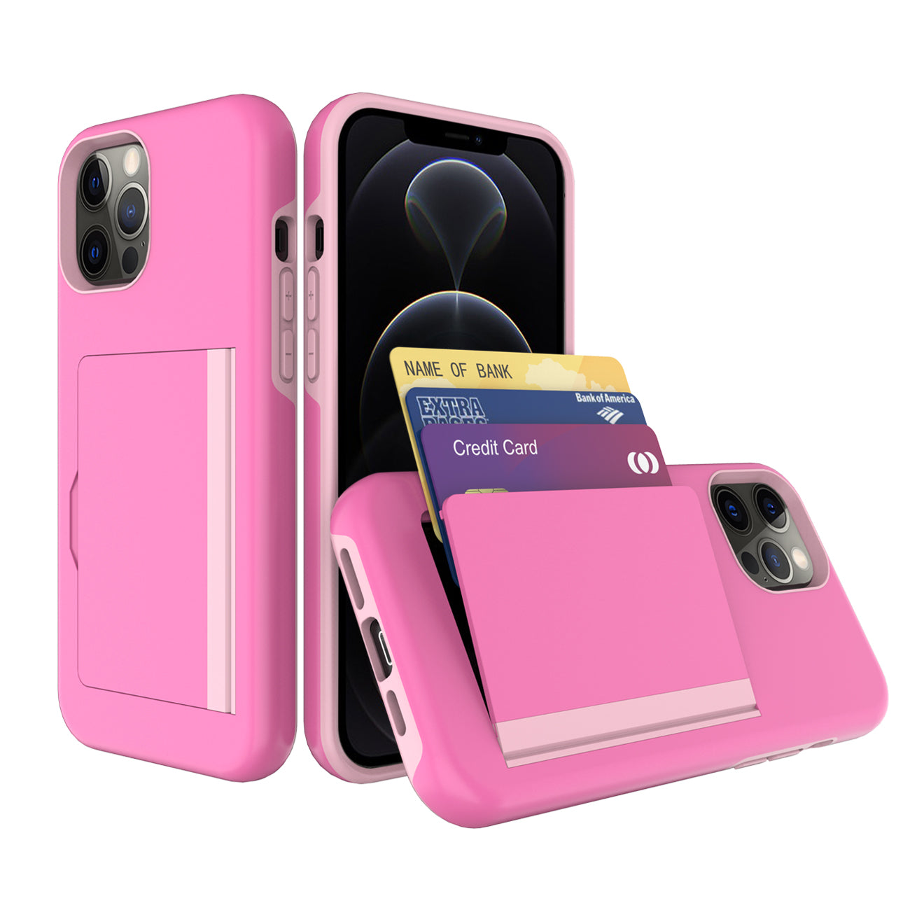 iPhone 12 Compatible TPU PC Hybrid 2-in-1 Flip Card Holder Phone Case for Apple iPhone 12 / 12 Pro In Pink - Heavy Duty Protection by CELL DEMAND