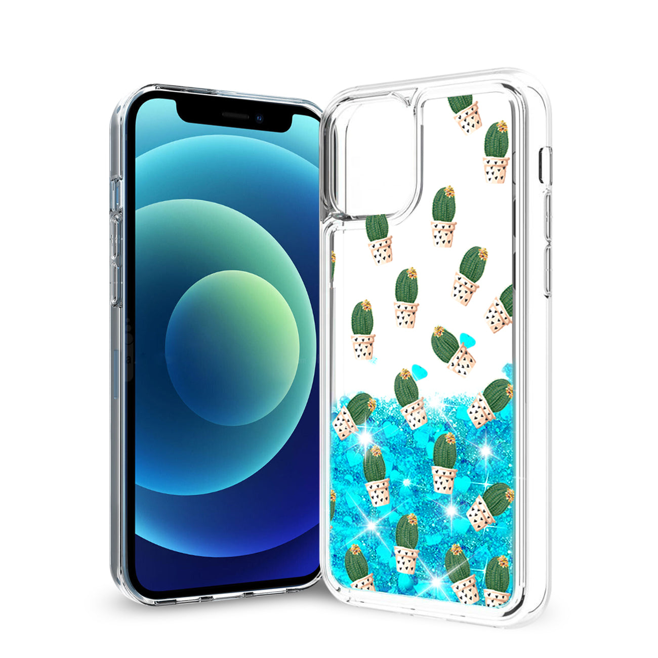 iPhone 12 Mini Glitter Case Moving Quicksand Blue Cactus - Crystal Clear & Reliable | CELL DEMAND Official