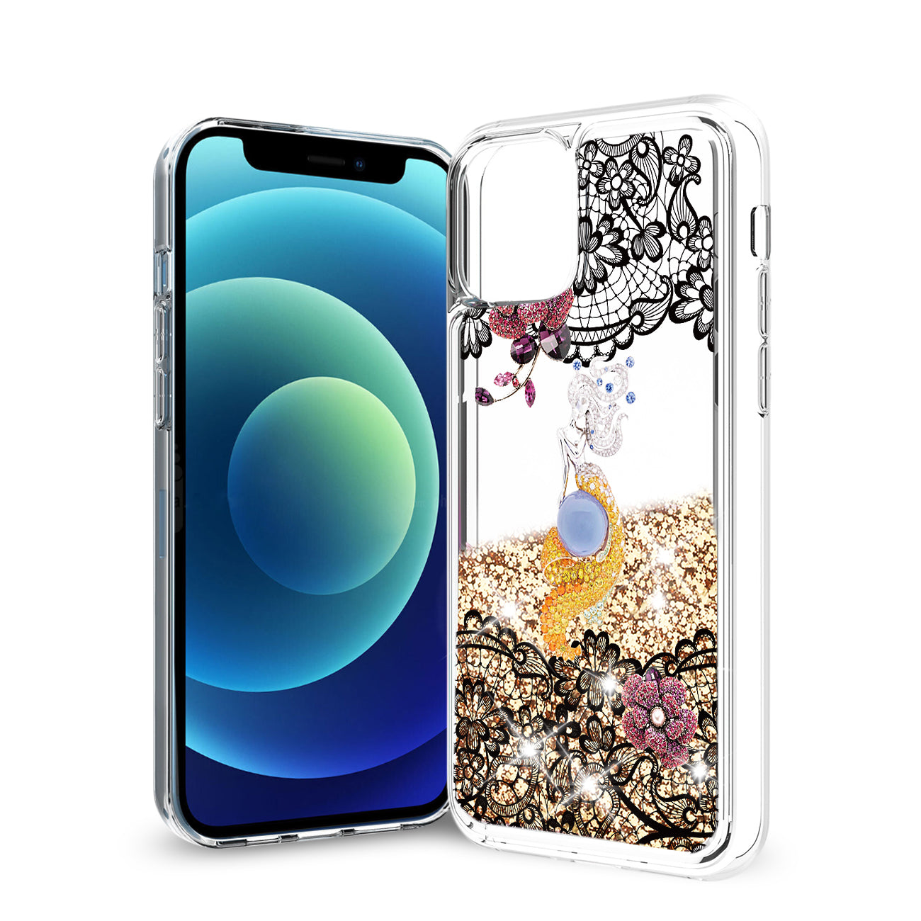 iPhone 12 Mini Glitter Case Moving Quicksand Gold Floral Mermaid - Heavy Duty & Reliable | CELL DEMAND Official