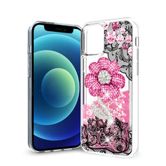iPhone 12 Mini Glitter Case Moving Quicksand Pink Floral - Durable & Reliable | CELL DEMAND Official