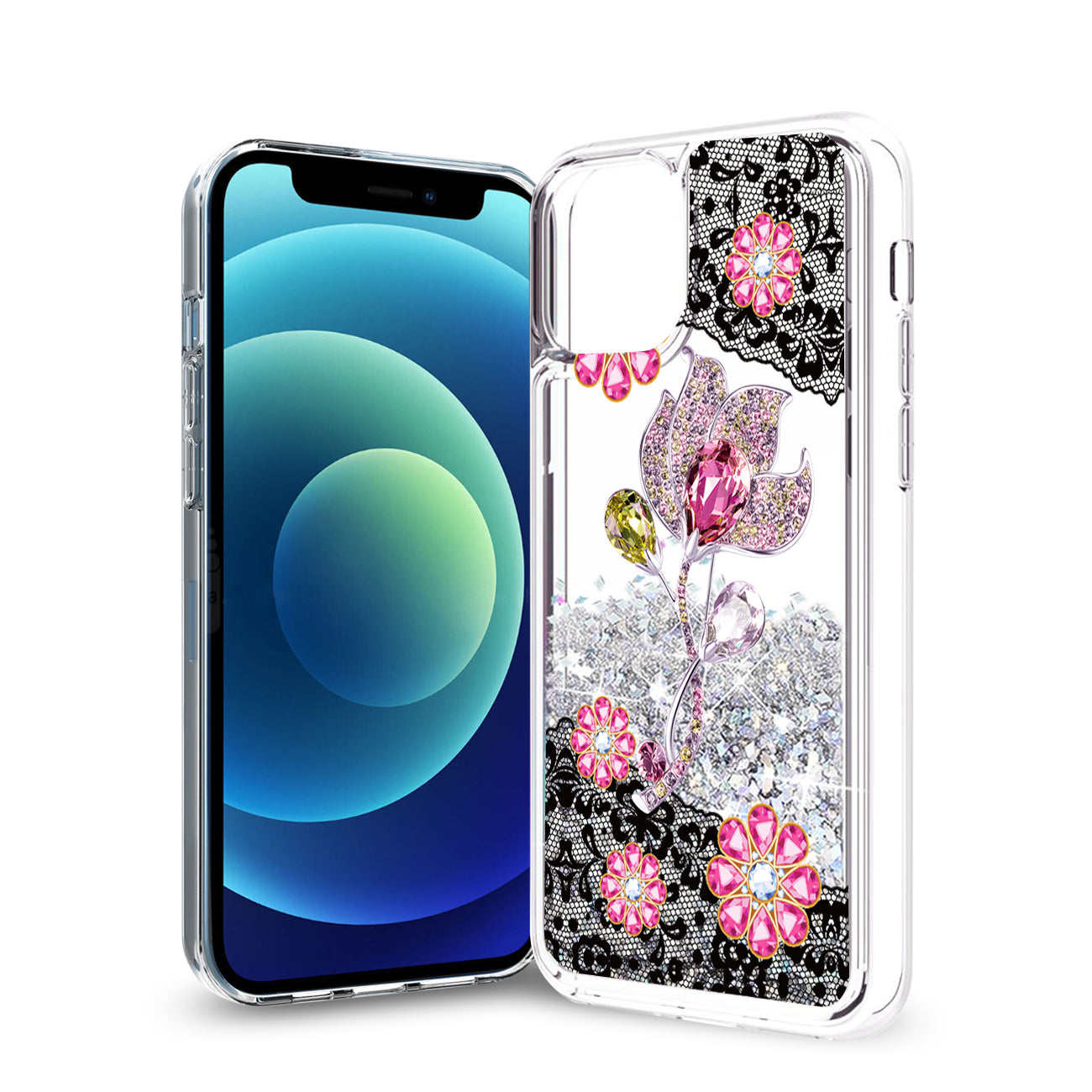 iPhone 12 Mini Glitter Case Moving Quicksand Silver Floral - Crystal Clear & Reliable | CELL DEMAND Official