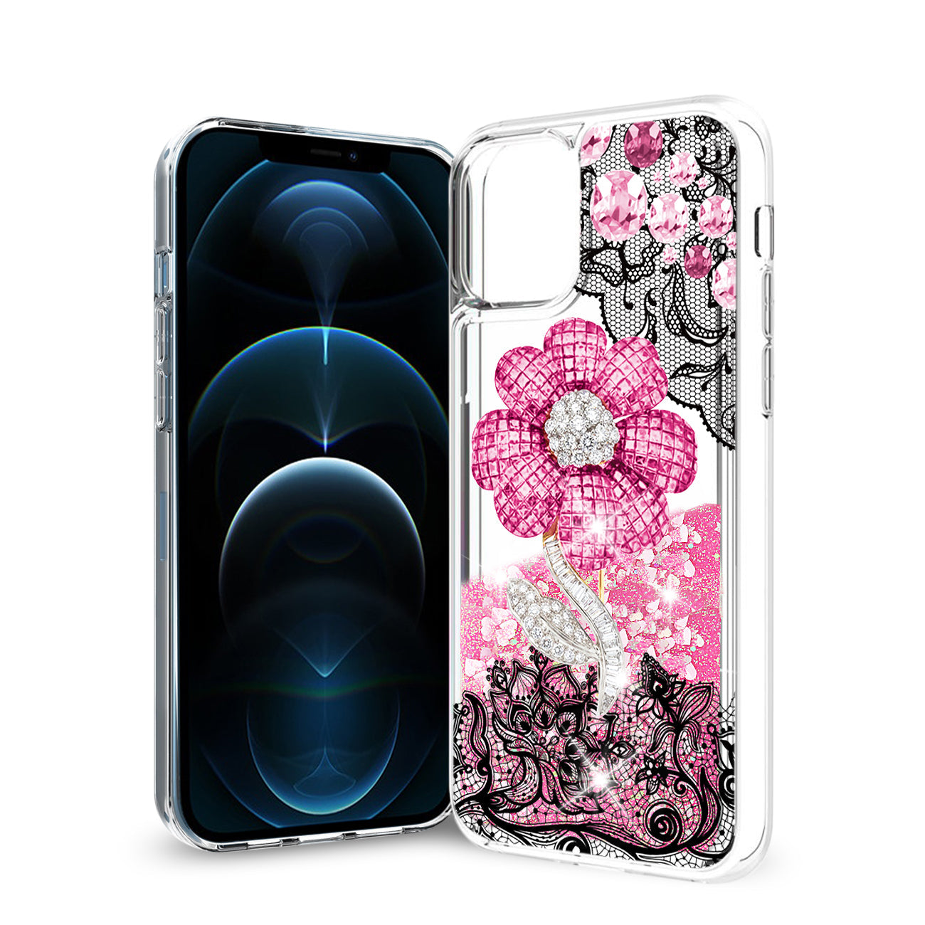 iPhone 12 / 12 Pro Glitter Case Moving Quicksand Pink Floral - Durable & Reliable | CELL DEMAND Official