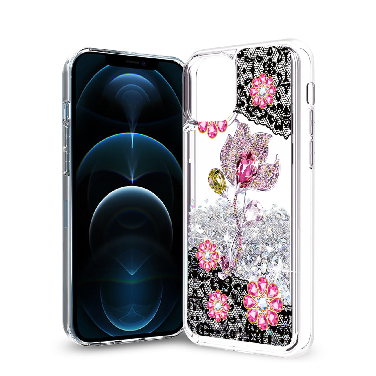 iPhone 12 / 12 Pro Glitter Case Moving Quicksand Silver Floral - Durable & Reliable | CELL DEMAND Official