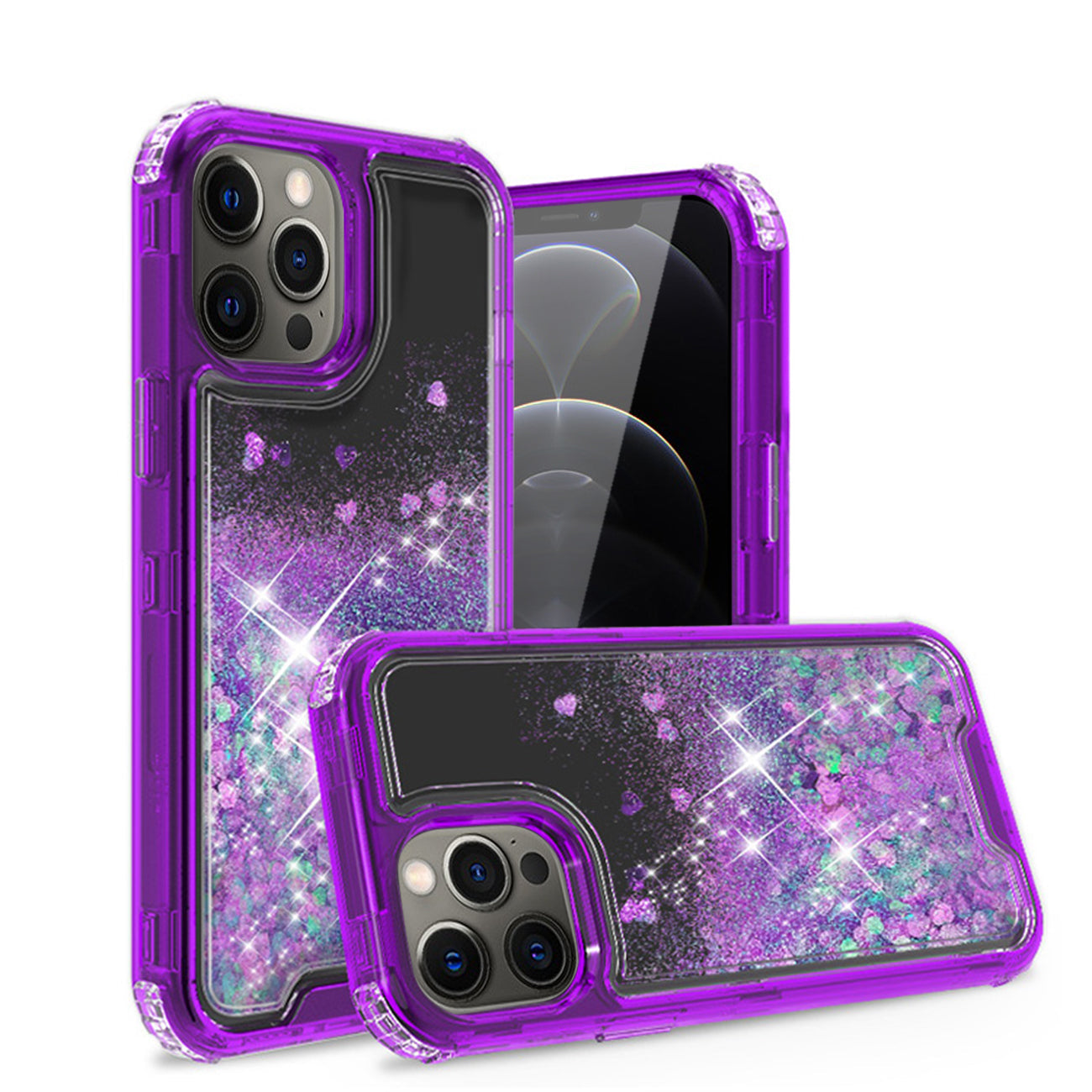 IPHONE 12 Compatible Glitter Case Moving Quicksand In BlackAPPLE IPHONE 12/IPHONE 12 PRO In Purple - Heavy Duty Protection by CELL DEMAND