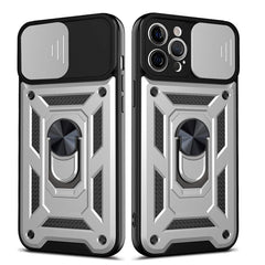 IPHONE 12 PRO Compatible Kickstand Ring Holder with Slide Camera Cover TPU Shockproof Case and Magnetic Car Mount for APPLE IPHONE 12 PRO MAX In Silver - Shockproof Protection by CELL DEMAND