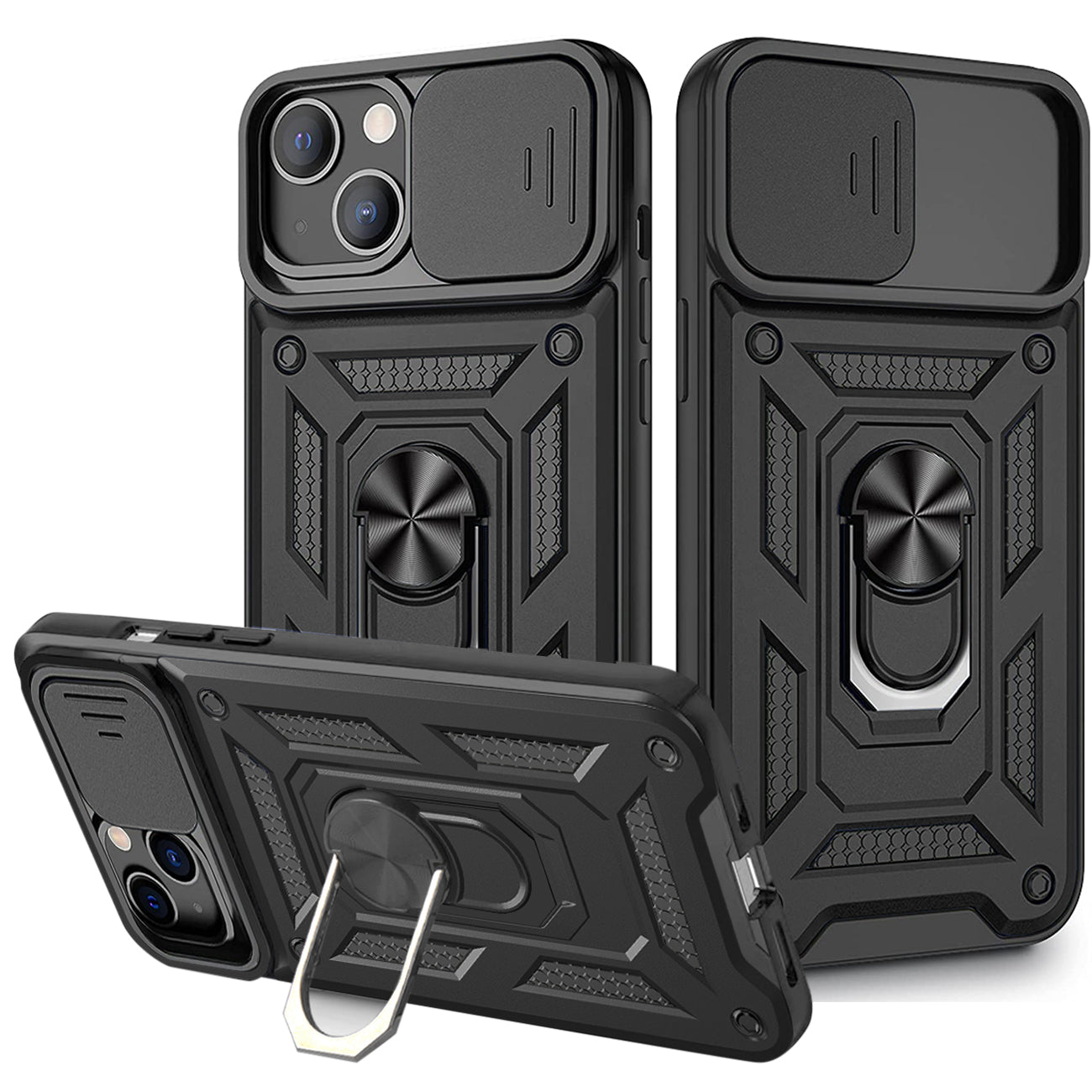 IPHONE 13 Compatible Kickstand Ring Holder with Slide Camera Cover TPU Magnetic Car Mount for APPLE IPHONE 13 In Black - Premium Protection by CELL DEMAND