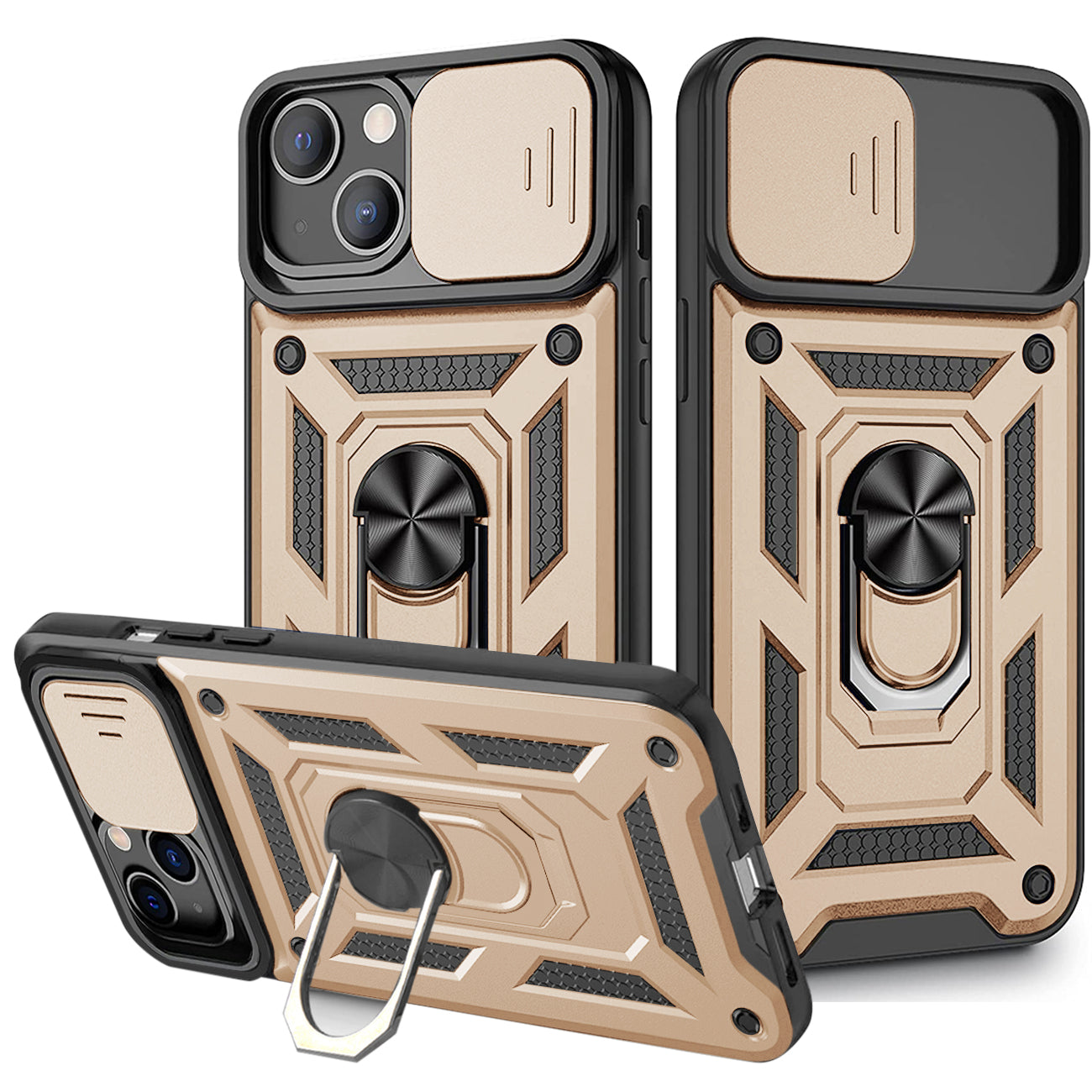 IPHONE 13 Compatible Kickstand Ring Holder with Slide Camera Cover TPU Magnetic Car Mount for APPLE IPHONE 13 In Gold - Premium Protection by CELL DEMAND