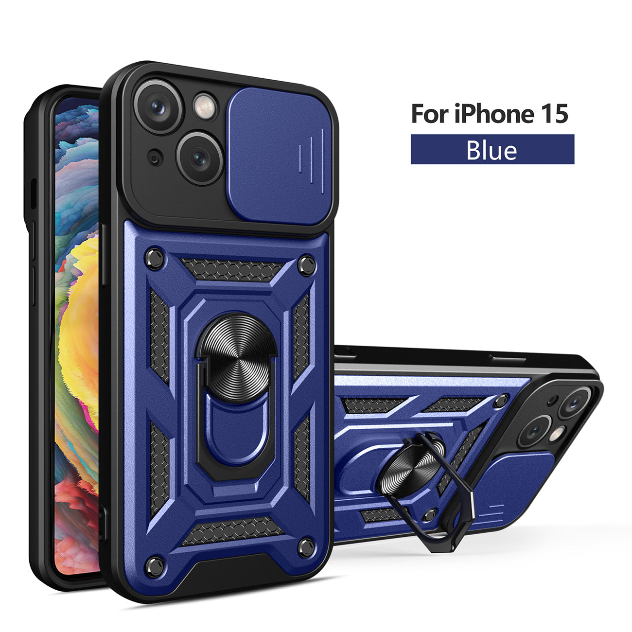 IPHONE 15 Compatible Kickstand Ring Holder with Slide Camera Cover TPU Magnetic Car Mount for APPLE IPHONE 15 In Blue - Premium Protection by CELL DEMAND
