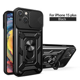 IPHONE 15 PLUS Compatible Kickstand Ring Holder with Slide Camera Cover TPU Magnetic Car Mount for APPLE IPHONE 15 PLUS In Black - Crystal Clear Protection by CELL DEMAND