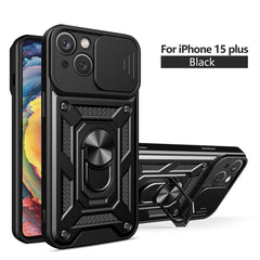 IPHONE 15 PLUS Compatible Kickstand Ring Holder with Slide Camera Cover TPU Magnetic Car Mount for APPLE IPHONE 15 PLUS In Black - Crystal Clear Protection by CELL DEMAND