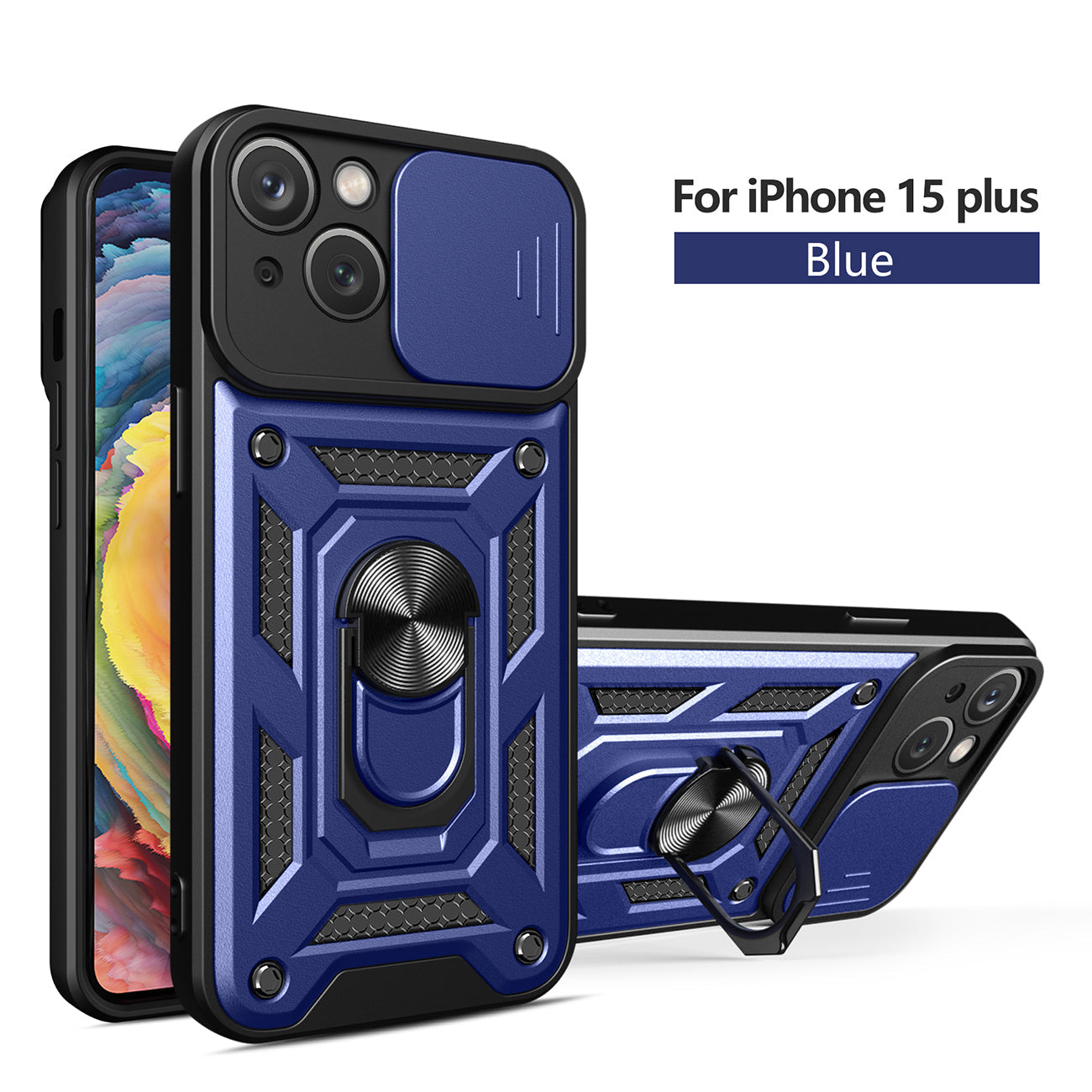 IPHONE 15 PLUS Compatible Kickstand Ring Holder with Slide Camera Cover TPU Magnetic Car Mount for APPLE IPHONE 15 PLUS In Blue - Shockproof Protection by CELL DEMAND