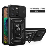 IPHONE 15 PRO Compatible Kickstand Ring Holder with Slide Camera Cover TPU Magnetic Car Mount for APPLE IPHONE 15 PRO In Black - Heavy Duty Protection by CELL DEMAND