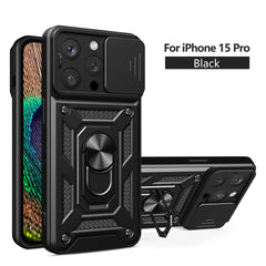 IPHONE 15 PRO Compatible Kickstand Ring Holder with Slide Camera Cover TPU Magnetic Car Mount for APPLE IPHONE 15 PRO In Black - Heavy Duty Protection by CELL DEMAND