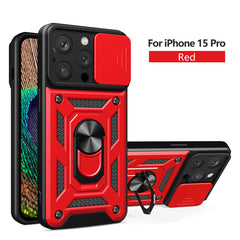 IPHONE 15 PRO Compatible Kickstand Ring Holder with Slide Camera Cover TPU Magnetic Car Mount for APPLE IPHONE 15 PRO In Red - Crystal Clear Protection by CELL DEMAND