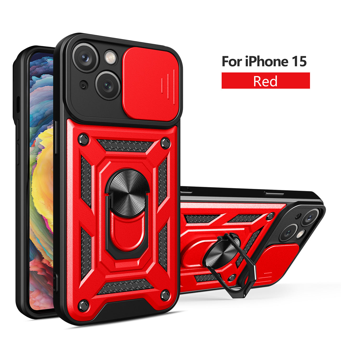IPHONE 15 Compatible Kickstand Ring Holder with Slide Camera Cover TPU Magnetic Car Mount for APPLE IPHONE 15 In Red - Premium Protection by CELL DEMAND