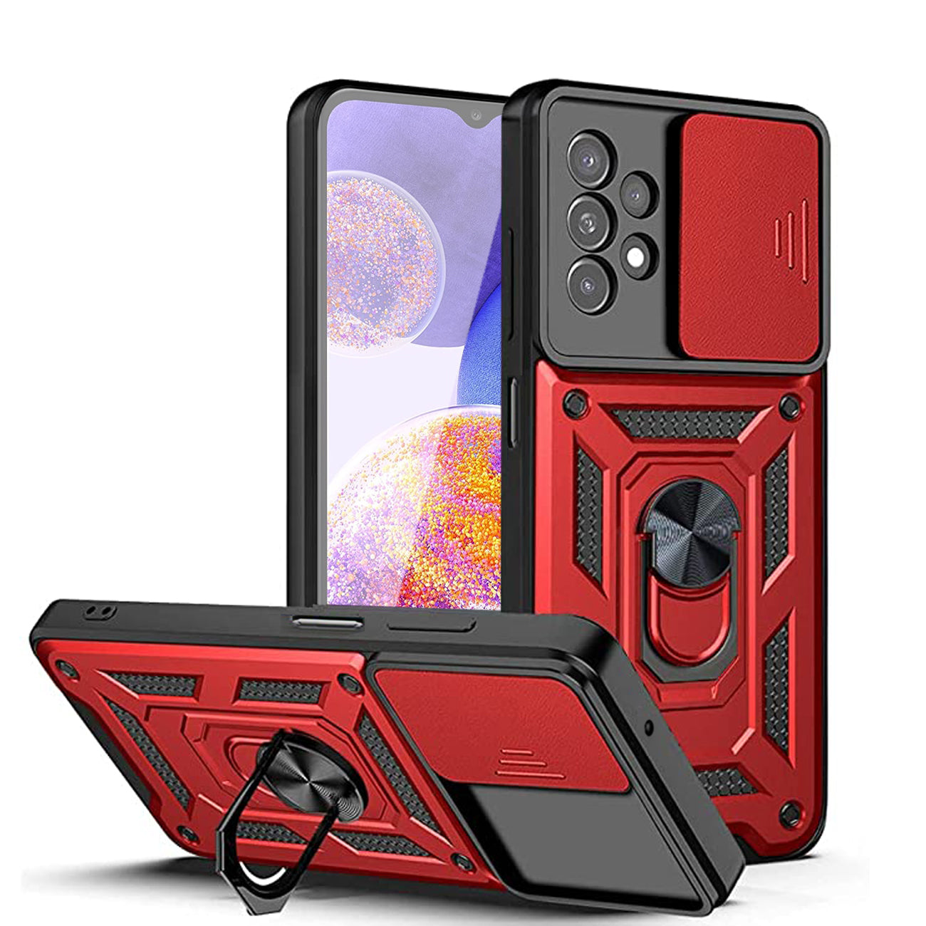 Kickstand Ring Holder with Slide Camera Cover TPU Shockproof Case and Magnetic Car Mount for SAMSUNG GALAXY A23 In Red - Crystal Clear & Reliable | CELL DEMAND Official