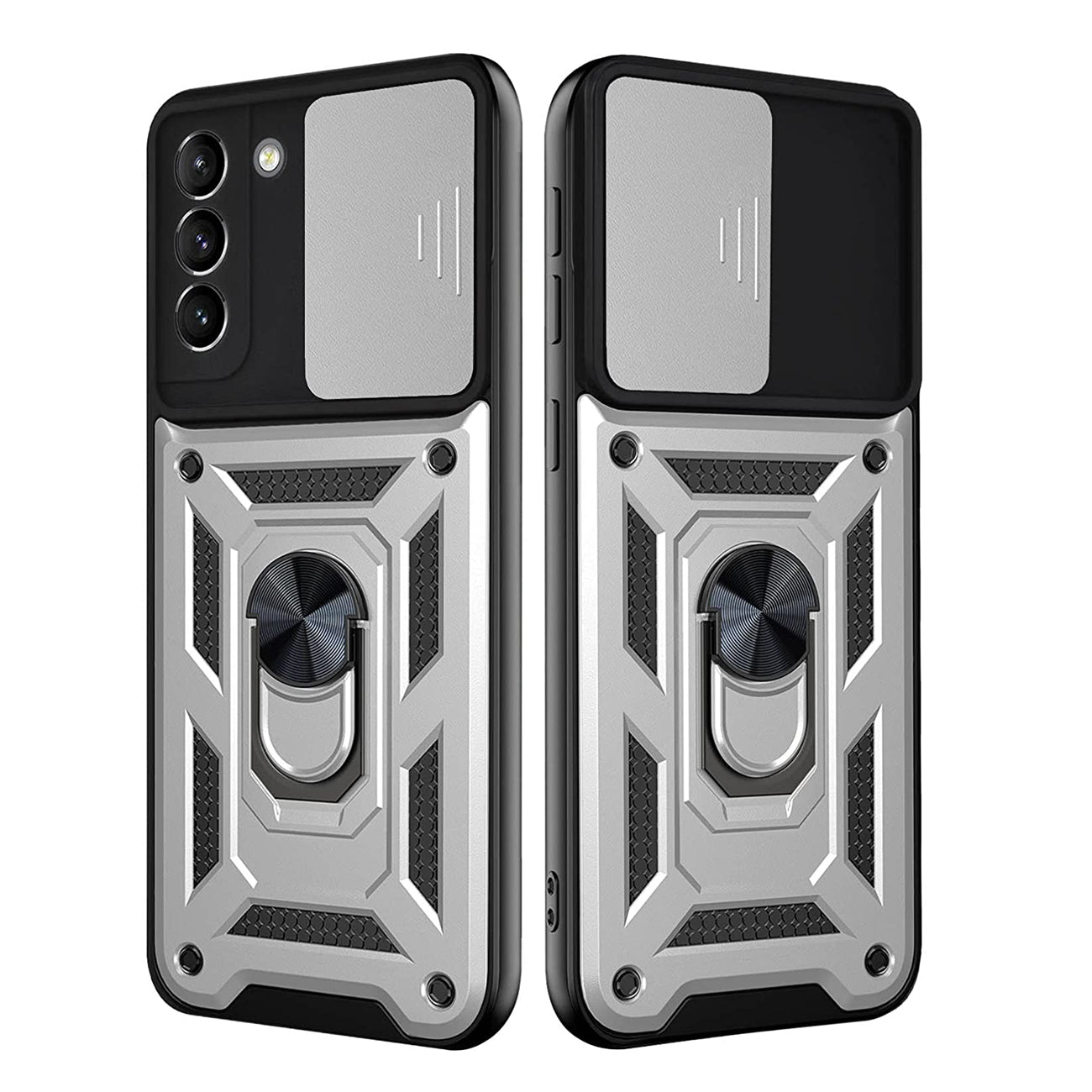 Kickstand Ring Holder with Slide Camera Cover TPU Shockproof Case and Magnetic Car Mount for SAMSUNG GALAXY S21 FE In Silver - Shockproof & Reliable | CELL DEMAND Official