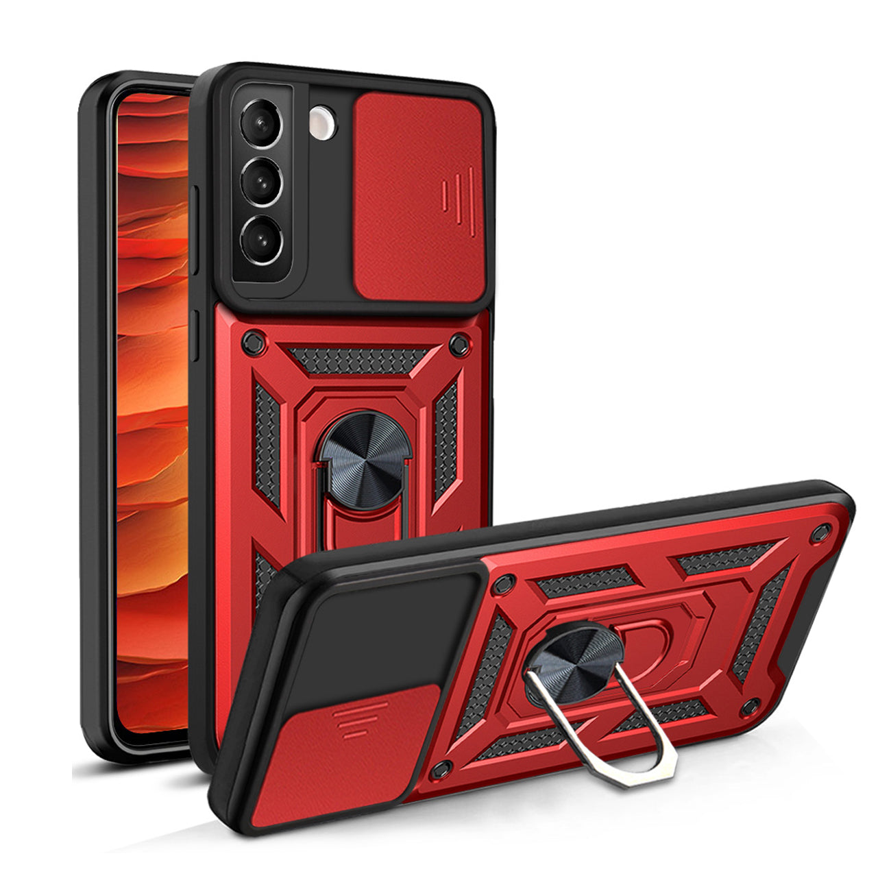Kickstand Ring Holder & Slide Camera Cover Magnetic Car Mount for SAMSUNG GALAXY S22 PLUS In Red - Heavy Duty & Reliable | CELL DEMAND Official