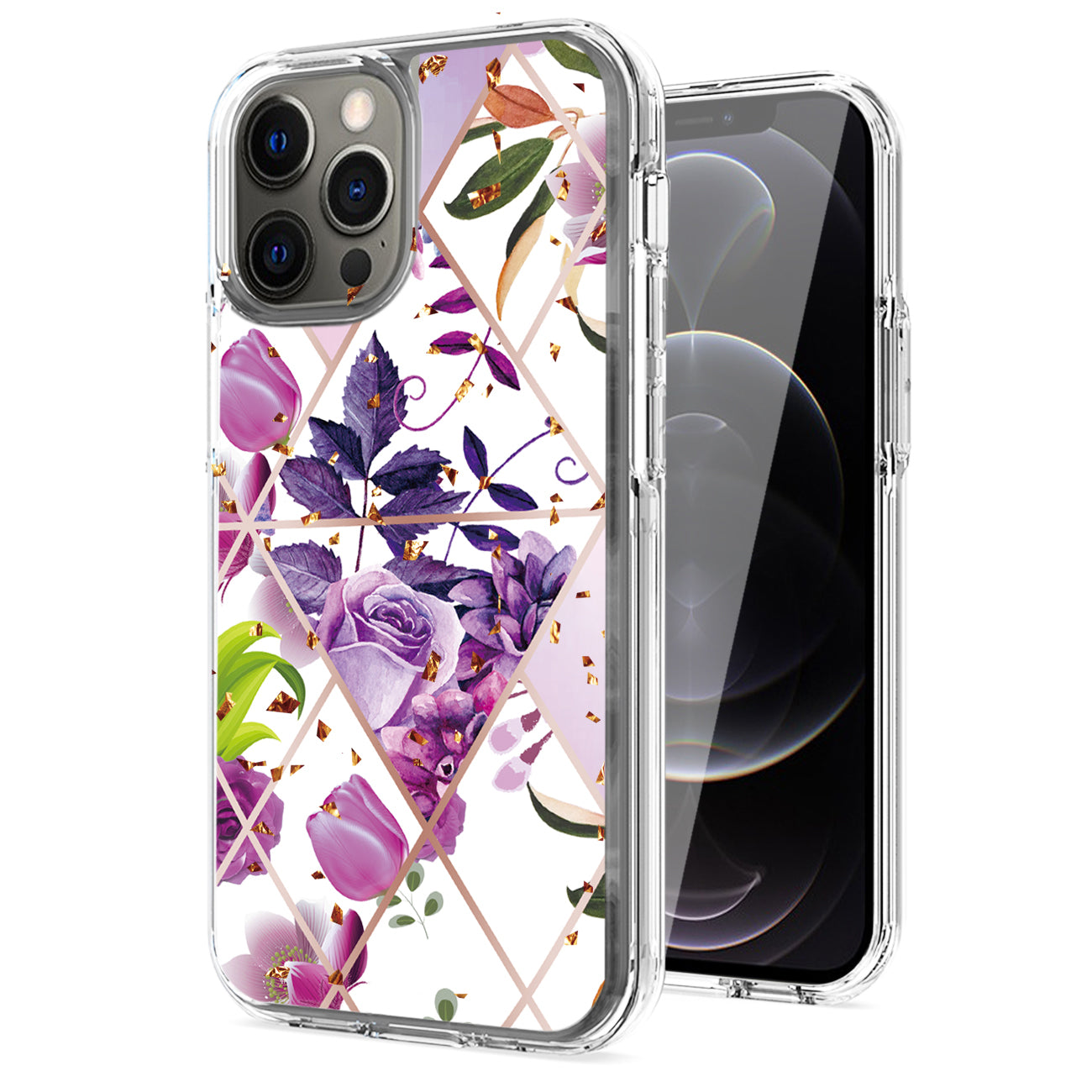 IPHONE 12 PRO Compatible Flower Design Pattern Printing Dual Layer Hybrid Hard Plastic and Soft TPU Rubber Case Cover for APPLE IPHONE 12 PRO MAX In Purple Base Flower - Durable Protection by CELL DEMAND