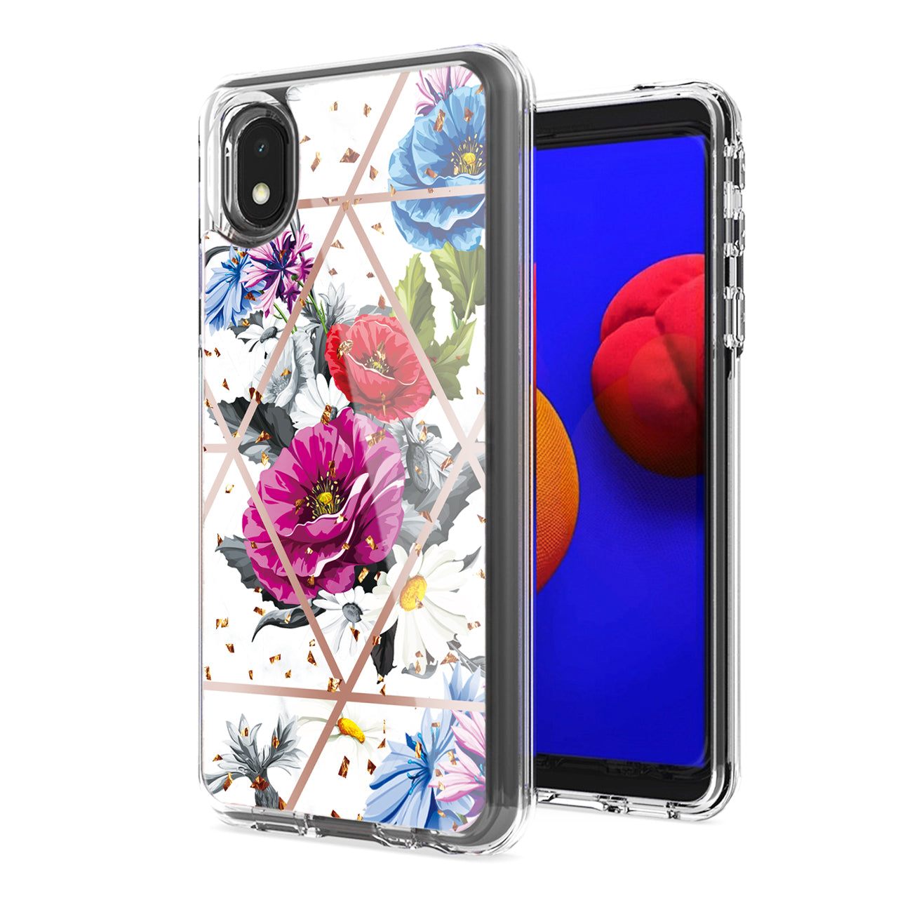 Flower Design Pattern Printing Dual Layer Hybrid Hard Plastic and Soft TPU Rubber Case Cover for SAMSUNG GALAXY A01 CORE In Blue Base flower - Ultra-Slim & Reliable | CELL DEMAND Official