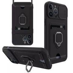 iPhone 12 Pro Compatible High Quality iPhone 12 Pro Case with Camera cover, Kickstand, Slide lens protection, Magnetic ring stand, Crossbody strap and Card holder In Black - Heavy Duty Protection by CELL DEMAND