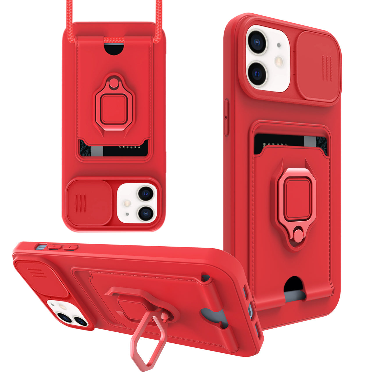 iPhone 12 Compatible High Quality iPhone 12 Case with Camera cover, Kickstand, Slide lens protection, Magnetic ring stand, Crossbody strap and Card holder In Red - Shockproof Protection by CELL DEMAND