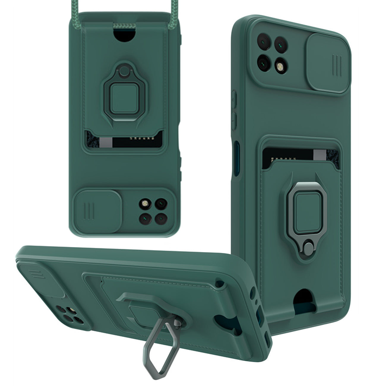 High Quality Samsung 22 5G Case with Camera cover, Kickstand, Slide lens protection, Magnetic ring stand, Crossbody strap and Card holder In Green - Shockproof & Reliable | CELL DEMAND Official