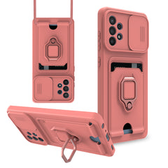 High Quality Samsung 32 5G Case with Camera cover, Kickstand, Slide lens protection, Magnetic ring stand, Crossbody strap and Card holder In Pink - Shockproof & Reliable | CELL DEMAND Official