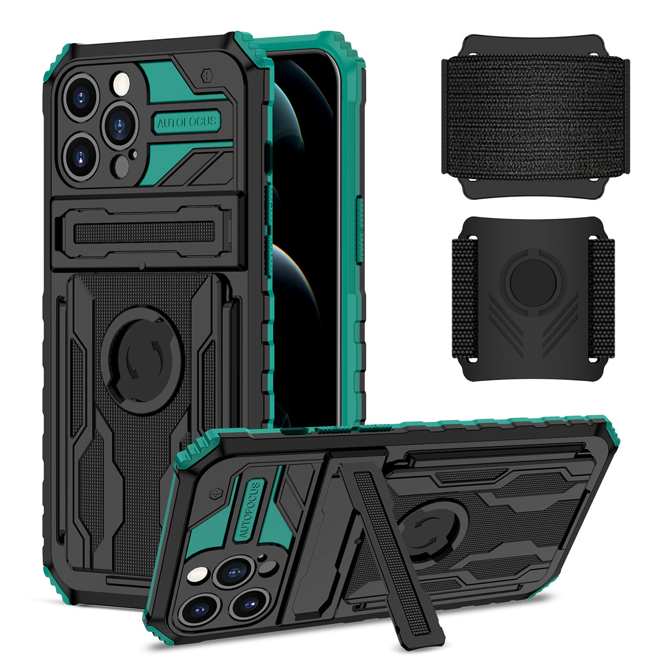 iPhone 12 Max Compatible High Elastic Plastic iPhone 12 Max Case with Kickstand, Sports Mobile Wristband and Card Slot In Green - Premium Protection by CELL DEMAND