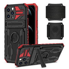 iPhone 12 Max Compatible High Elastic Plastic iPhone 12 Max Case with Kickstand, Sports Mobile Wristband and Card Slot In Red - Ultra-Slim Protection by CELL DEMAND
