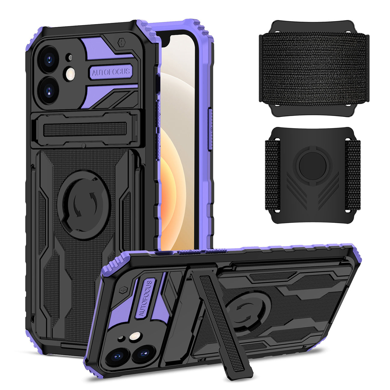 iPhone 12 Compatible High Elastic Plastic iPhone 12 Case with Kickstand, Sports Mobile Wristband and Card Slot In Purple - Ultra-Slim Protection by CELL DEMAND