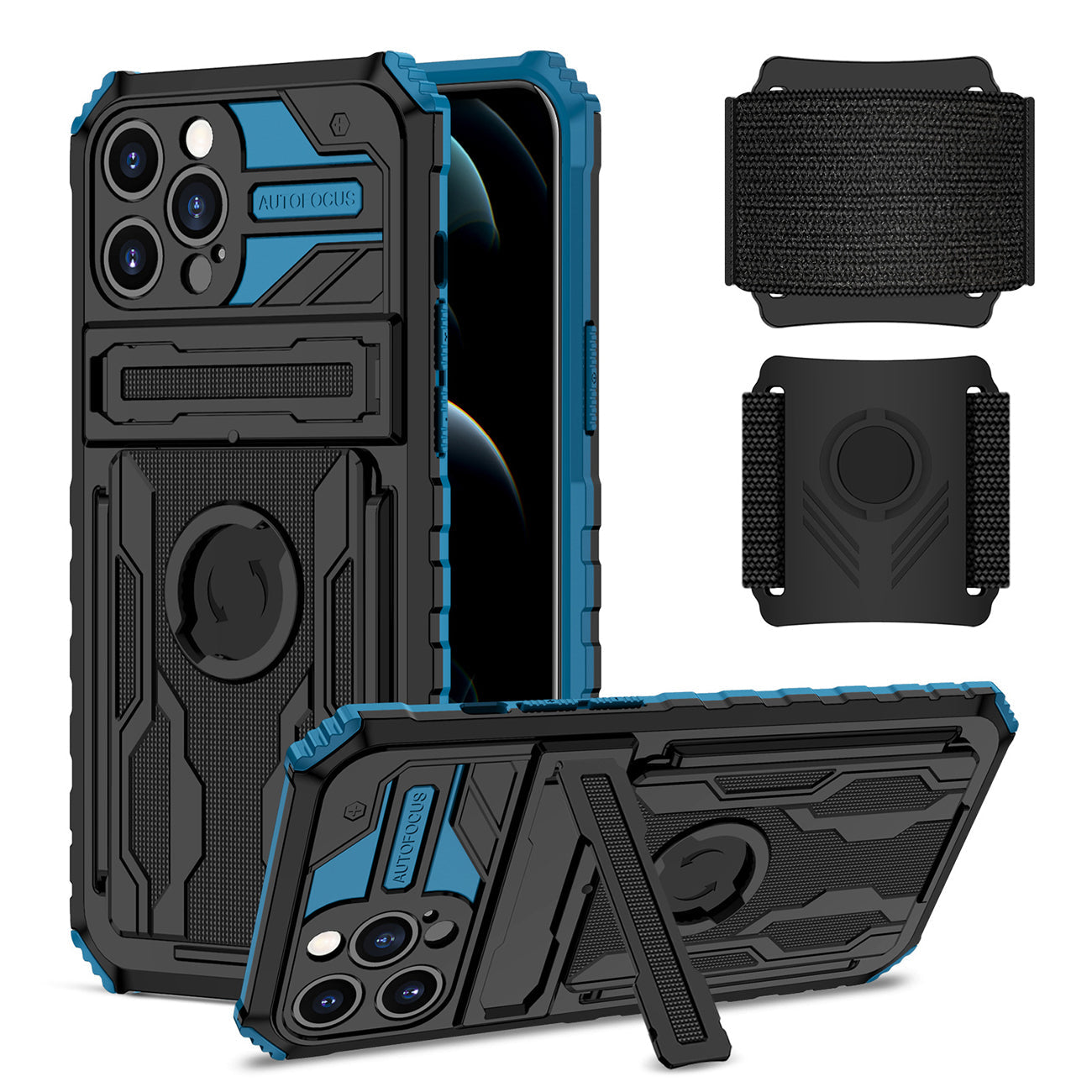 iPhone 12 Pro Compatible High Elastic Plastic iPhone 12 Pro Case with Kickstand, Sports Mobile Wristband and Card Slot In Blue - Heavy Duty Protection by CELL DEMAND