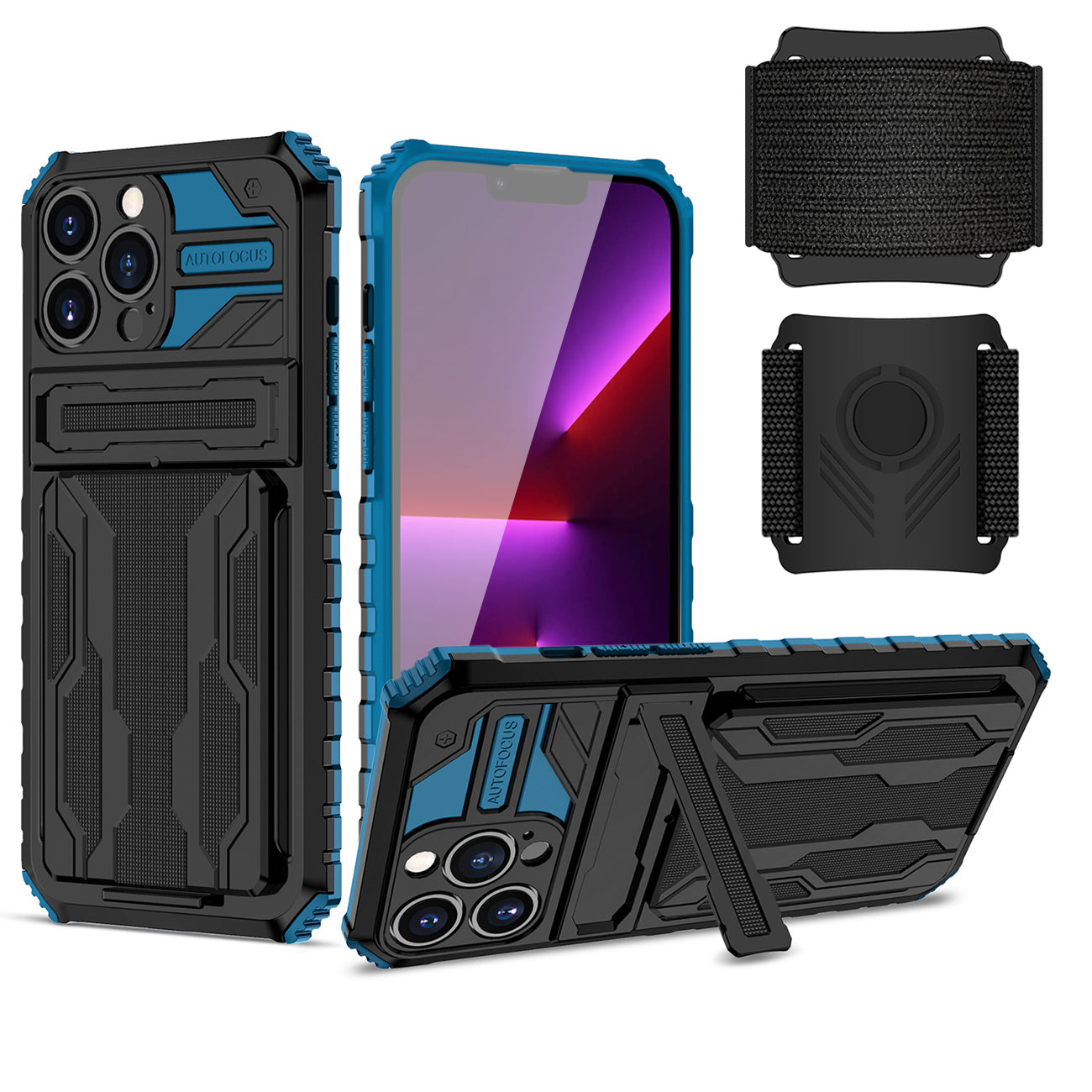 iPhone 13 Max Compatible High Elastic Plastic iPhone 13 Max Case with Kickstand, Sports Mobile Wristband and Card Slot In Blue - Ultra-Slim Protection by CELL DEMAND