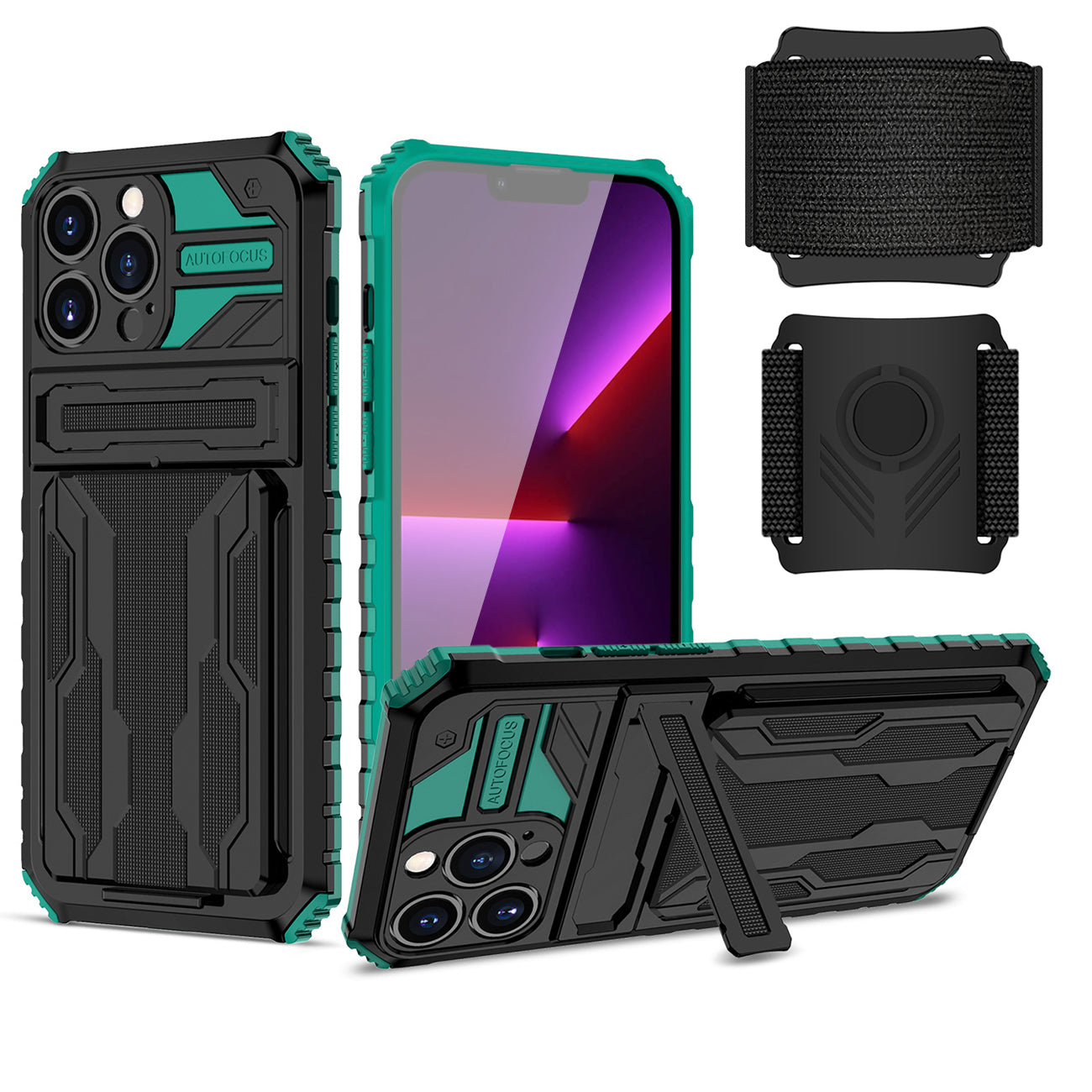 iPhone 13 Max Compatible High Elastic Plastic iPhone 13 Max Case with Kickstand, Sports Mobile Wristband and Card Slot In Green - Crystal Clear Protection by CELL DEMAND
