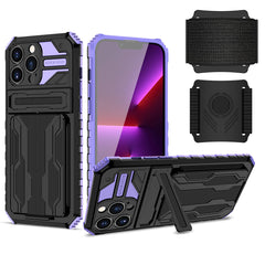 iPhone 13 Max Compatible High Elastic Plastic iPhone 13 Max Case with Kickstand, Sports Mobile Wristband and Card Slot In Purple - Crystal Clear Protection by CELL DEMAND