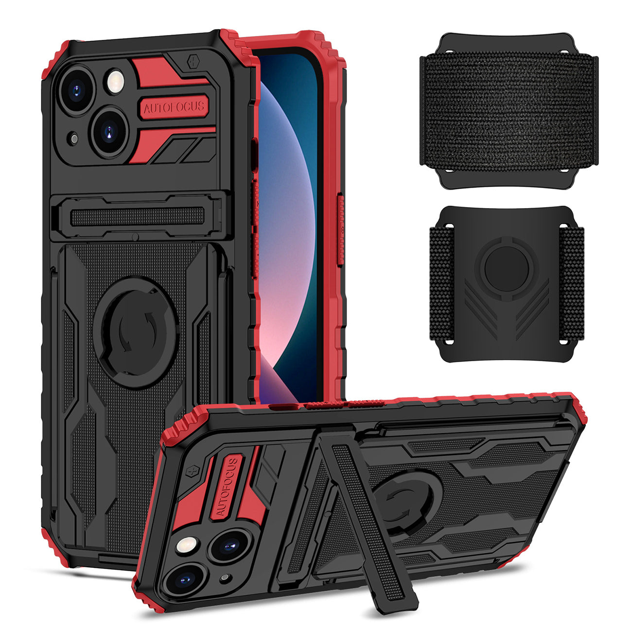 iPhone 13 Compatible High Elastic Plastic iPhone 13 Case with Kickstand, Sports Mobile Wristband and Card Slot In Red - Crystal Clear Protection by CELL DEMAND