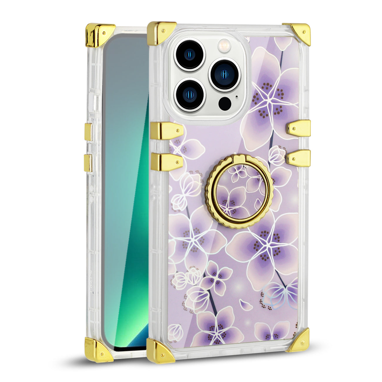 IPHONE 13 Pro Floral Print Case with Ring Holder In Purple - Heavy Duty & Reliable | CELL DEMAND Official