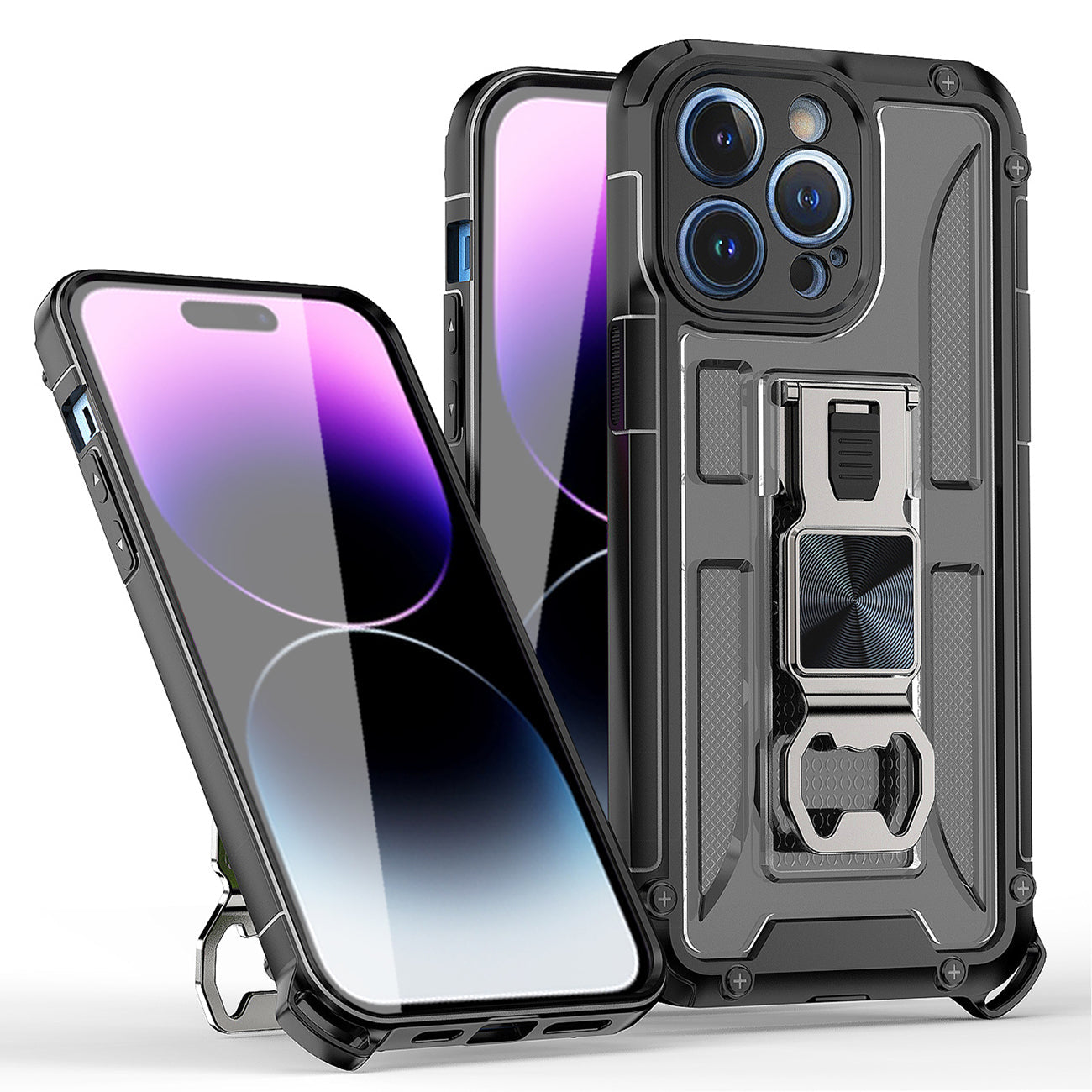 IPHONE 14 PRO Compatible Kickstand Ring Holder/Bottle Opener with Magnetic Car Mount for IPHONE 14 PRO In Black - Durable Protection by CELL DEMAND