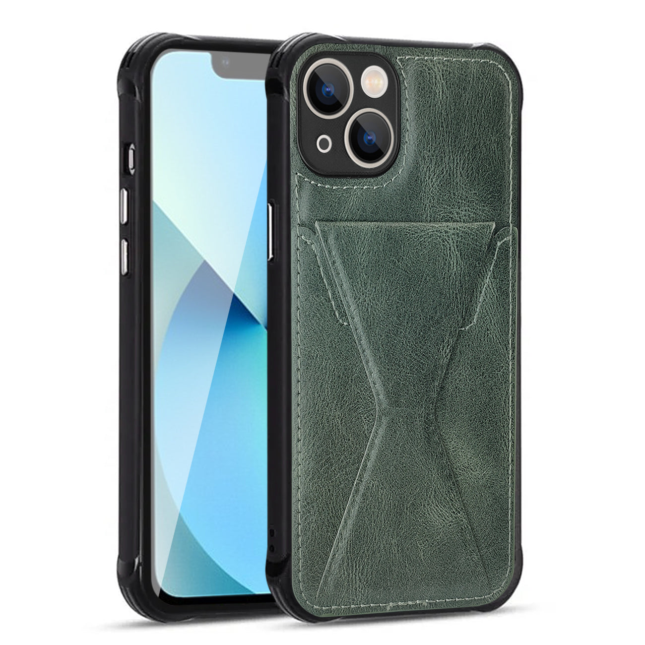 iPhone 13 Compatible TPU Leather Phone Case for Apple iPhone 13 with Card Holder Strap In Green - Heavy Duty Protection by CELL DEMAND